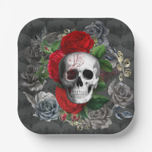 Gothic Skeleton Skull Red Roses Grey Floral Paper Plate