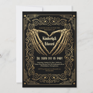 Gothic Skeleton Wedding Invitation Black Gold