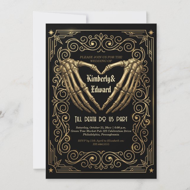 Gothic Skeleton Wedding Invitation Black Gold (Front)