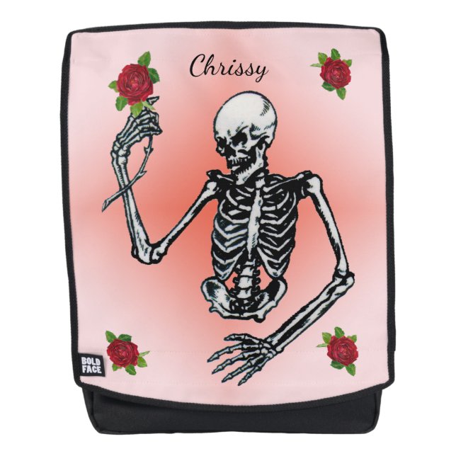 Gothic Skeleton With Elegant Red Roses on Pink Backpack (Front)