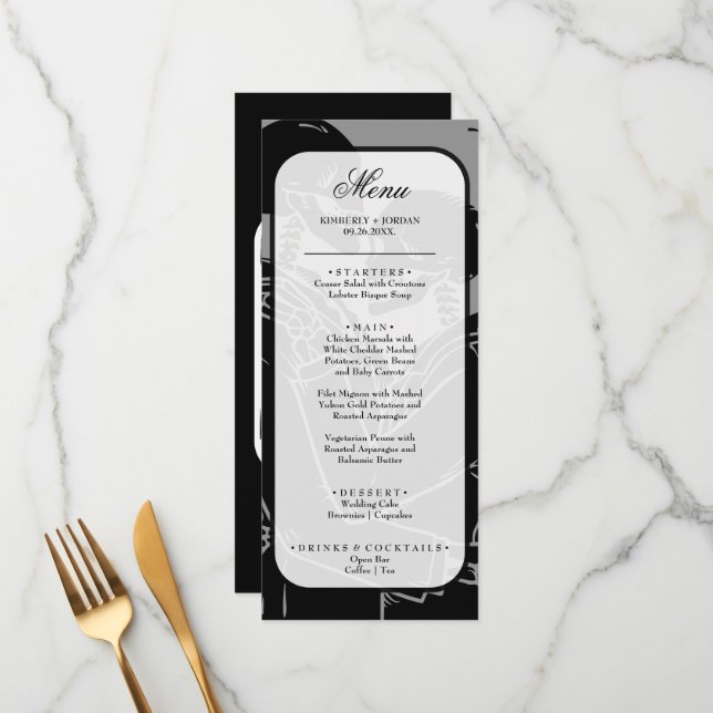 Gothic Skeletons Black and White Wedding Menu (Front/Back In Situ)