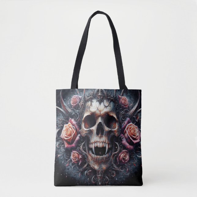Gothic Skull Adorned with Roses Tote Bag (Front)