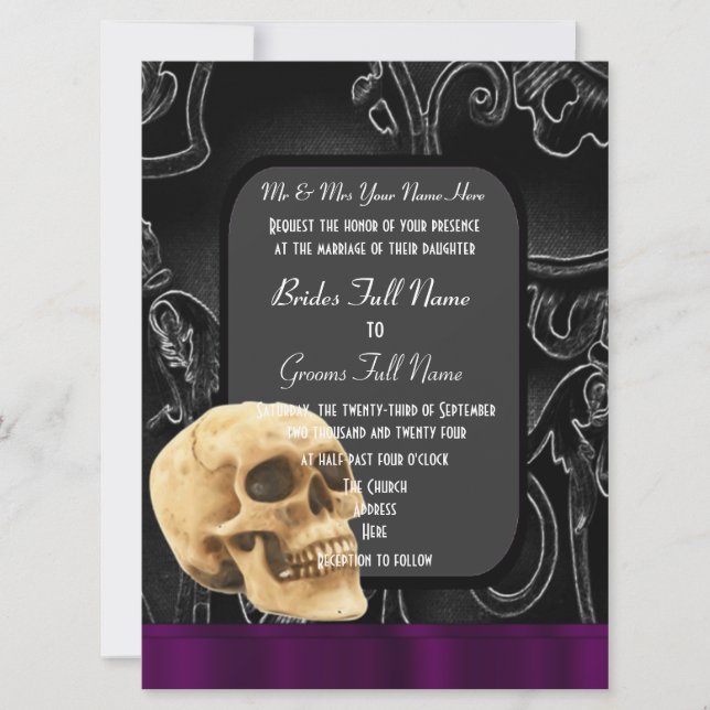Gothic skull and black damask wedding invitation (Front)