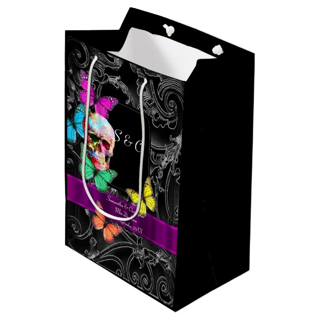 Gothic skull and black personalised wedding medium gift bag (Front Angled)