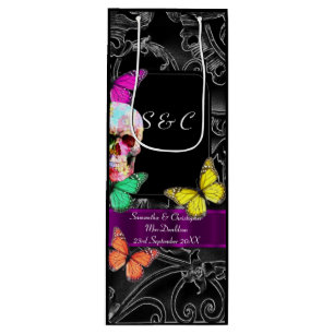 Gothic skull and black personalised wedding wine gift bag