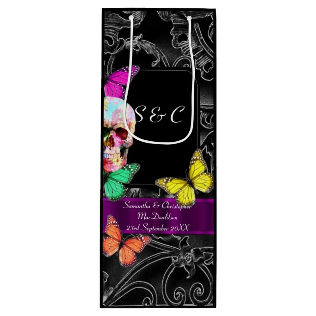 Gothic skull and black personalised wedding wine gift bag (Front)