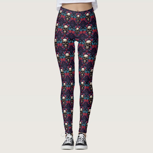 Gothic Skull and Blue Butterflies Leggings (Front)