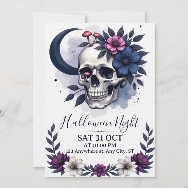 Gothic Skull and Floral Halloween Party Invitation (Front)