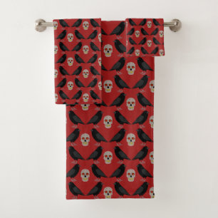 Gothic Skull and Guardian Ravens Halloween Bath Towel Set