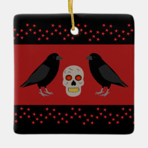 Gothic Skull and Guardian Ravens Halloween Ceramic Ornament