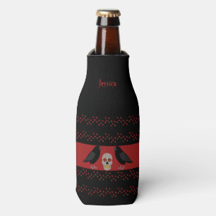 Gothic Skull and Guardian Ravens Halloween Custom Bottle Cooler