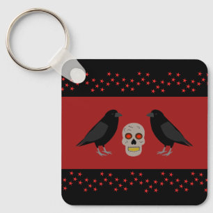 Gothic Skull and Guardian Ravens Halloween Custom Key Ring