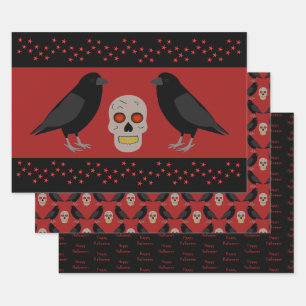 Gothic Skull and Guardian Ravens Halloween Custom Wrapping Paper Sheet