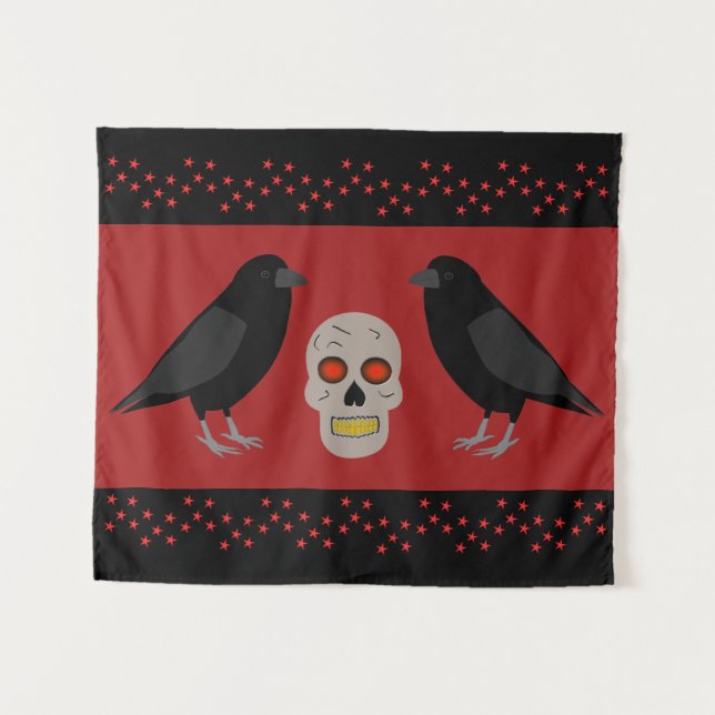 Gothic Skull and Guardian Ravens Halloween Tapestry (Front (Horizontal))