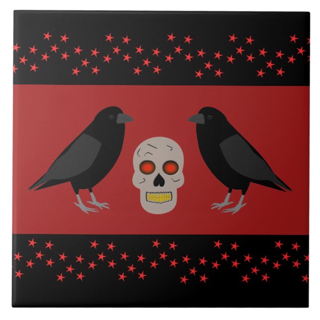 Gothic Skull and Guardian Ravens Halloween Tile (Front)