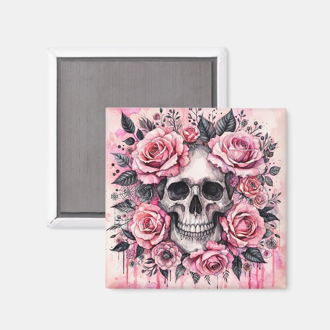 Gothic Skull and Pink Roses Watercolor Art Magnet (Front/Back)