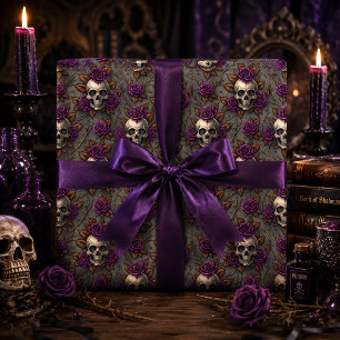 Gothic Skull and Purple Roses Dark Floral Wrapping Paper