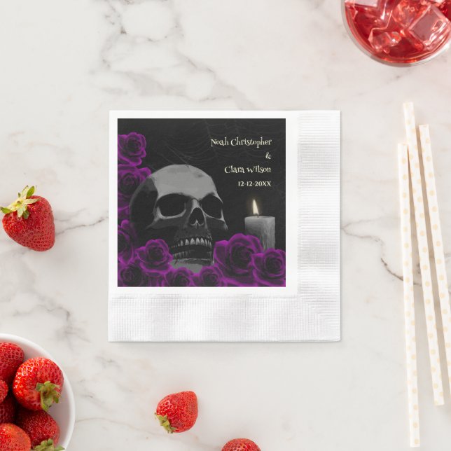 Gothic Skull and Purple Roses Halloween Wedding Napkin (Insitu)