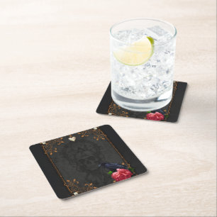 Gothic Skull and Raven. Square Paper Coaster
