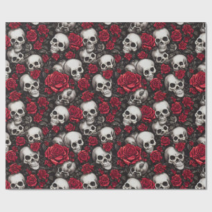 Gothic Skull and Red Rose Dark Floral Wrapping Paper
