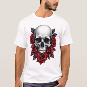 Gothic Skull and Red Roses Dark T-Shirt
