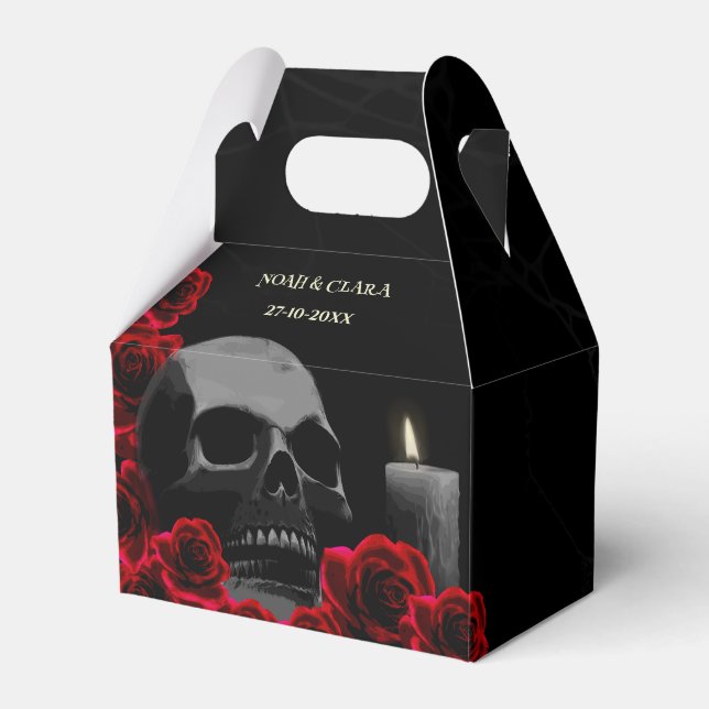 Gothic Skull and Red Roses Halloween Wedding Favour Box (Front Side)