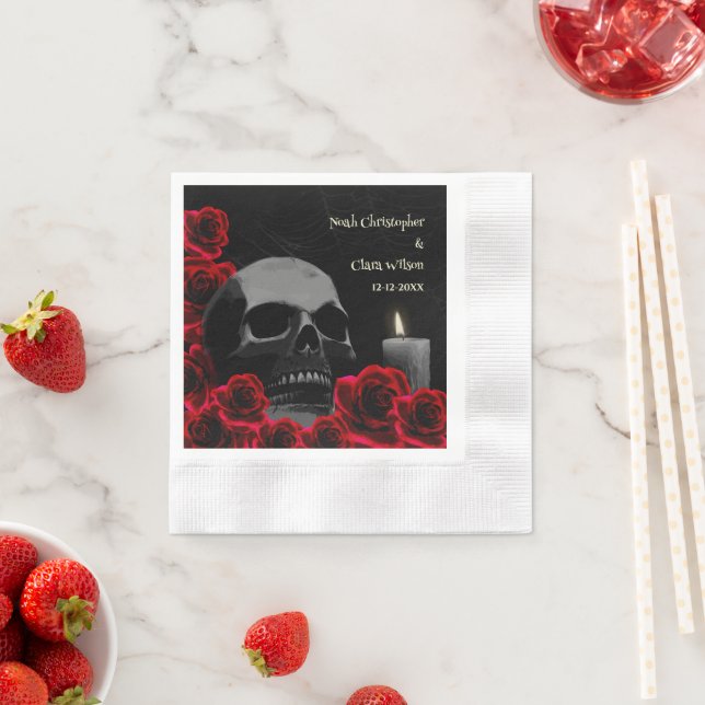 Gothic Skull and Red Roses Halloween Wedding Napkin (Insitu)
