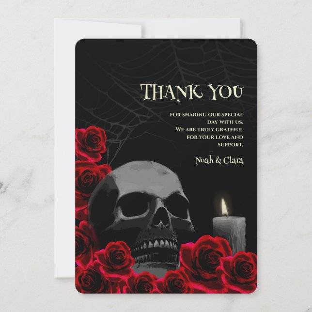 Gothic Skull and Red Roses Halloween Wedding Thank You Card (Front)