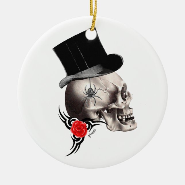 Gothic skull and rose tattoo style ceramic tree decoration (Front)