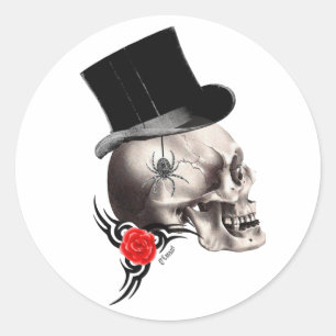 Gothic skull and rose tattoo style classic round sticker