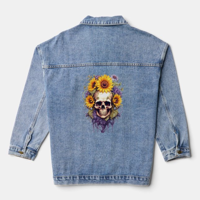 Gothic Skull And Sunflowers Denim Jacket (Back)