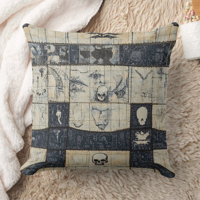 Gothic Skull & Bat Denim Collage Cushion (Blanket)