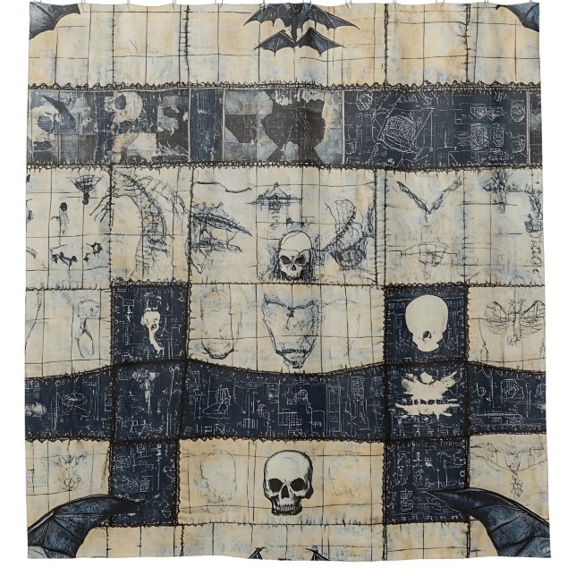 Gothic Skull & Bat Denim Collage Shower Curtain (Front)