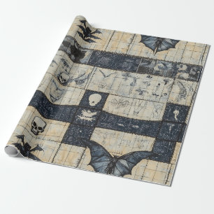 Gothic Skull & Bat Denim Collage Wrapping Paper