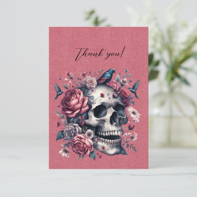 Gothic Skull Birds Flowers On Rose Red Thank You (Standing Front)