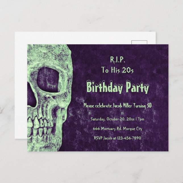 Gothic Skull Birthday Purple Green RIP To His 20s Invitation Postcard (Front/Back)