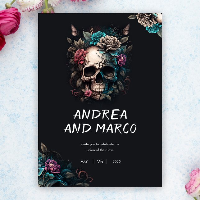 Gothic Skull Black and Purple Rock and Roll Weddin Invitation (Skull Tattoo Rock and Roll Gothic Wedding Invitation)