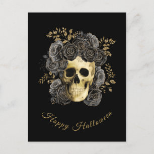 Gothic Skull Black & Gold Glitter Roses Halloween Holiday Postcard