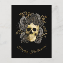 Gothic Skull Black & Gold Glitter Roses Halloween