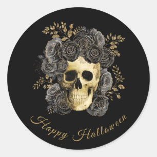 Gothic Skull Black & Gold Roses Halloween  Classic Round Sticker