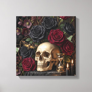 Gothic Skull Black Roses Dark Victorian Halloween Canvas Print
