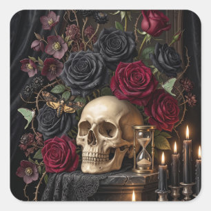 Gothic Skull Black Roses Dark Victorian Halloween Square Sticker