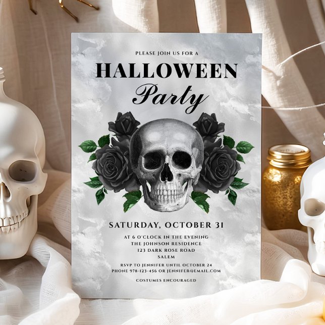 Gothic Skull & Black Roses Halloween Party  Invitation (Gothic Black Roses & Skull Halloween Party Invitation)