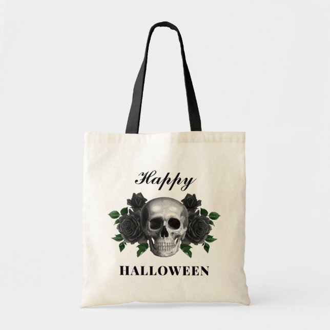 Gothic Skull & Black Roses Happy Halloween Tote Bag (Front)