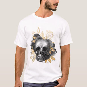 Gothic Skull Black Roses with gold leaves  T-Shirt