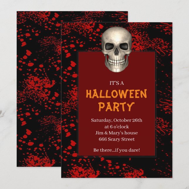 Gothic Skull Blood Splattered Halloween Party Invitation (Front/Back)