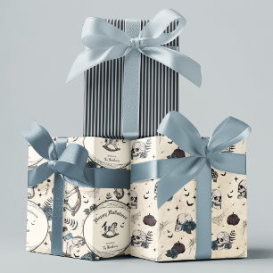 Gothic Skull Blue Roses Pumpkin Boy Halloween Wrapping Paper Sheet