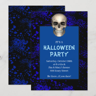 Gothic Skull Blue Splatter Halloween Party Invitation