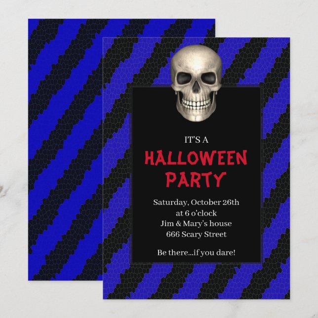 Gothic Skull Blue Stripe Halloween Party Invitation (Front/Back)