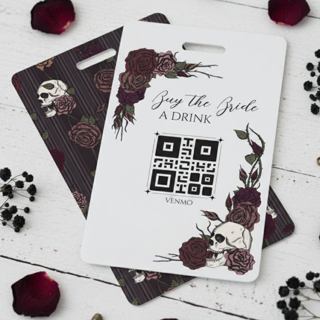 Gothic Skull Buy the Bride a Drink QR Code ID Badge (Gothic Wedding Buy the Bride a Drink Wedding QR Code Badges. Elegant Dark Floral Skull Hand Drawn)